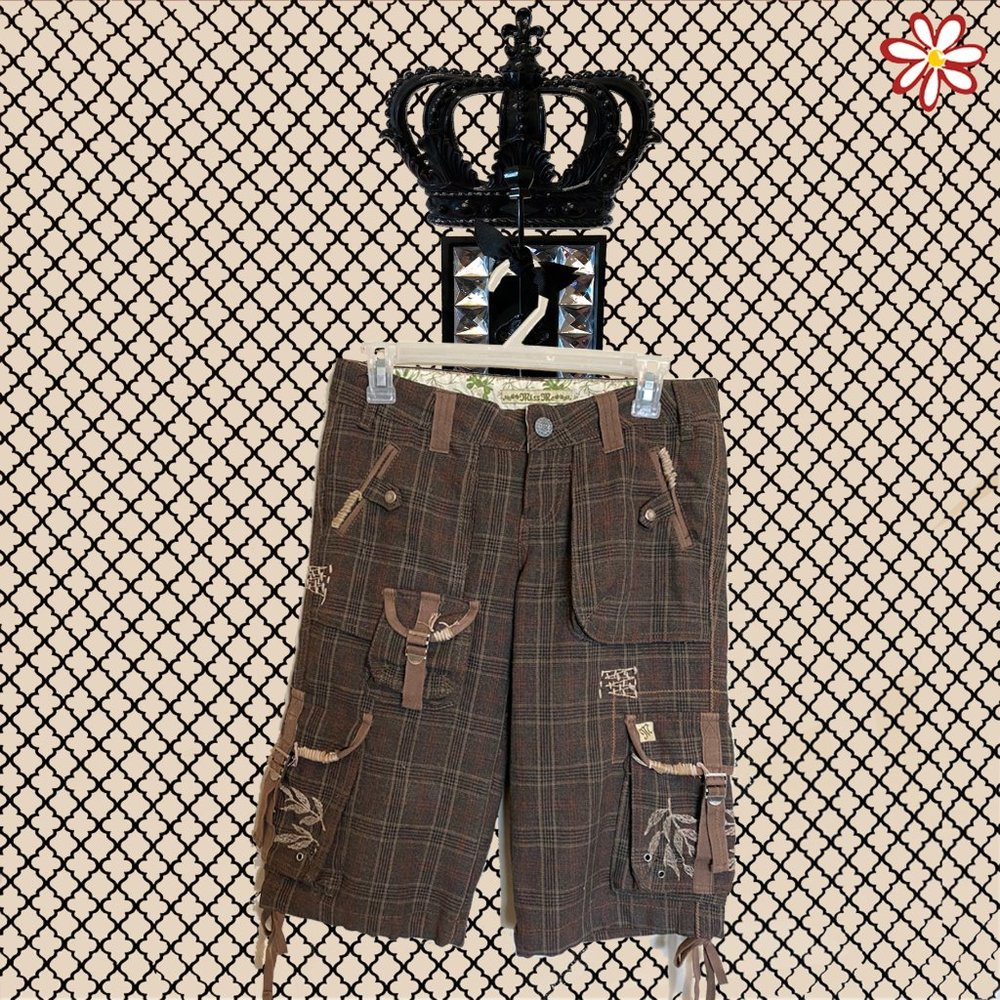 MISS ME Plaid Embroidered Cargo Shorts